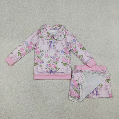 GLD1572 Baby Girls Long Sleeve Colorful Flowers Zipper Top Skirt Shorts Clothes Sets