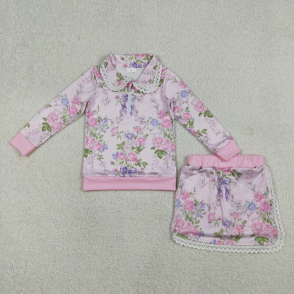GLD1572 Baby Girls Long Sleeve Colorful Flowers Zipper Top Skirt Shorts Clothes Sets
