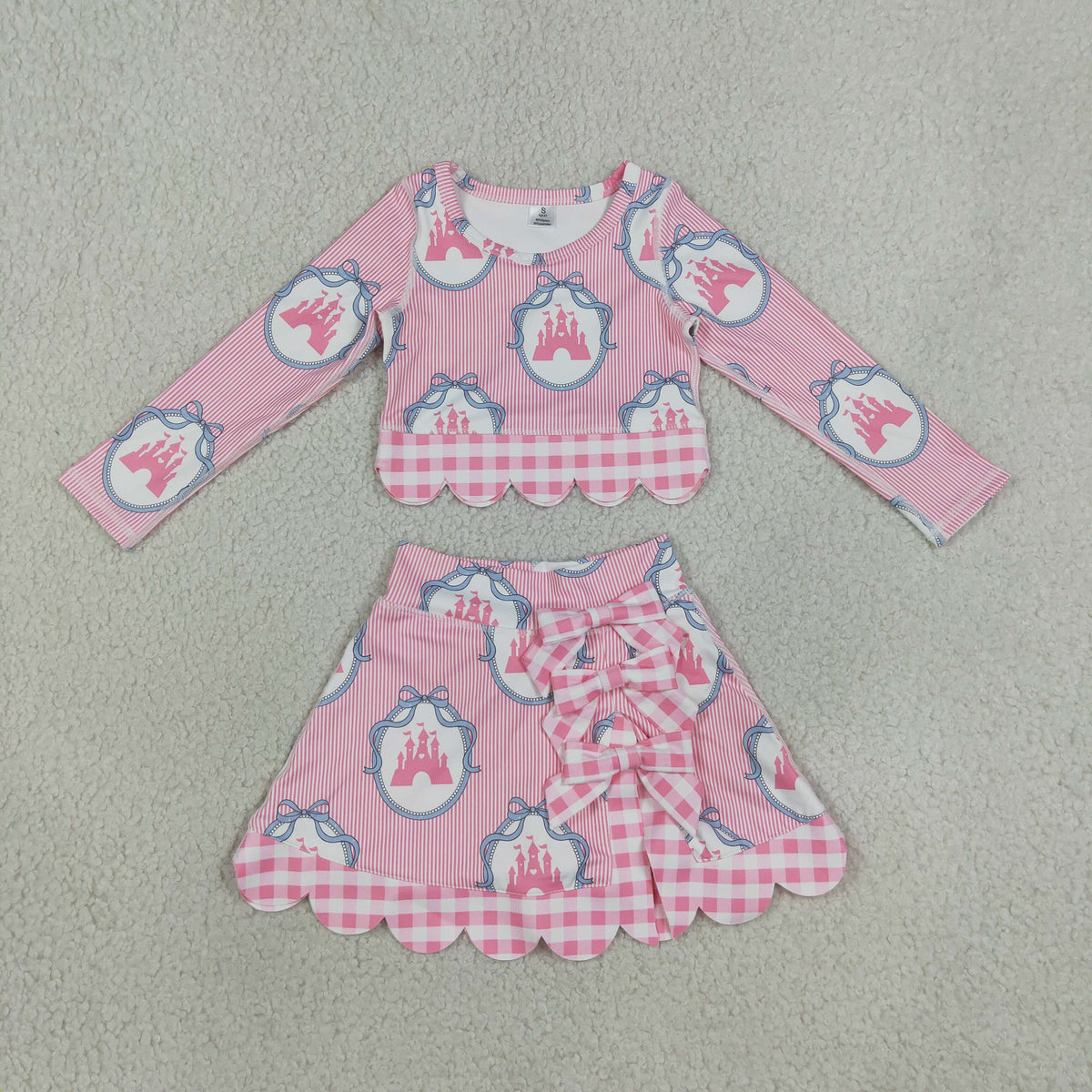GLD1601 Baby Girls Pink Stripe Castles Long Sleeve Bows Skirt Short Yoga Active Scallop Set