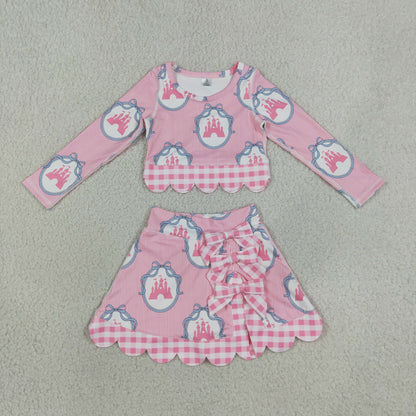 GLD1601 Baby Girls Pink Stripe Castles Long Sleeve Bows Skirt Short Yoga Active Scallop Set