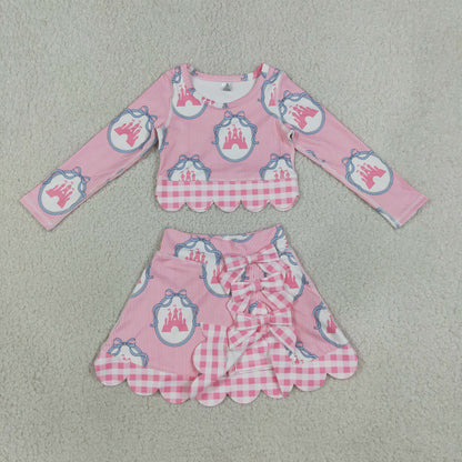 GLD1601 Baby Girls Pink Stripe Castles Long Sleeve Bows Skirt Short Yoga Active Scallop Set