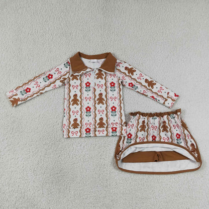 GLD1607 Baby Girls Flowers Gingerbread Zip Pullovers Skirt Short Christmas Clothes Set