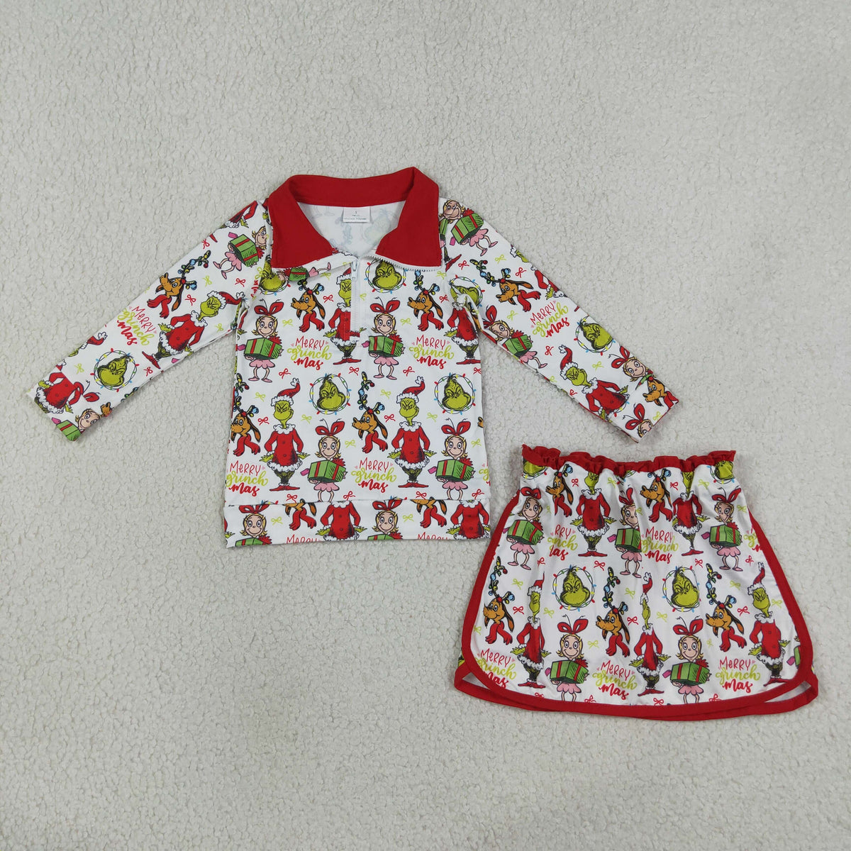 GLD1608 Baby Girls Gifts Green Faces Zip Pullovers Skirt Short Marry Christmas Clothes Set