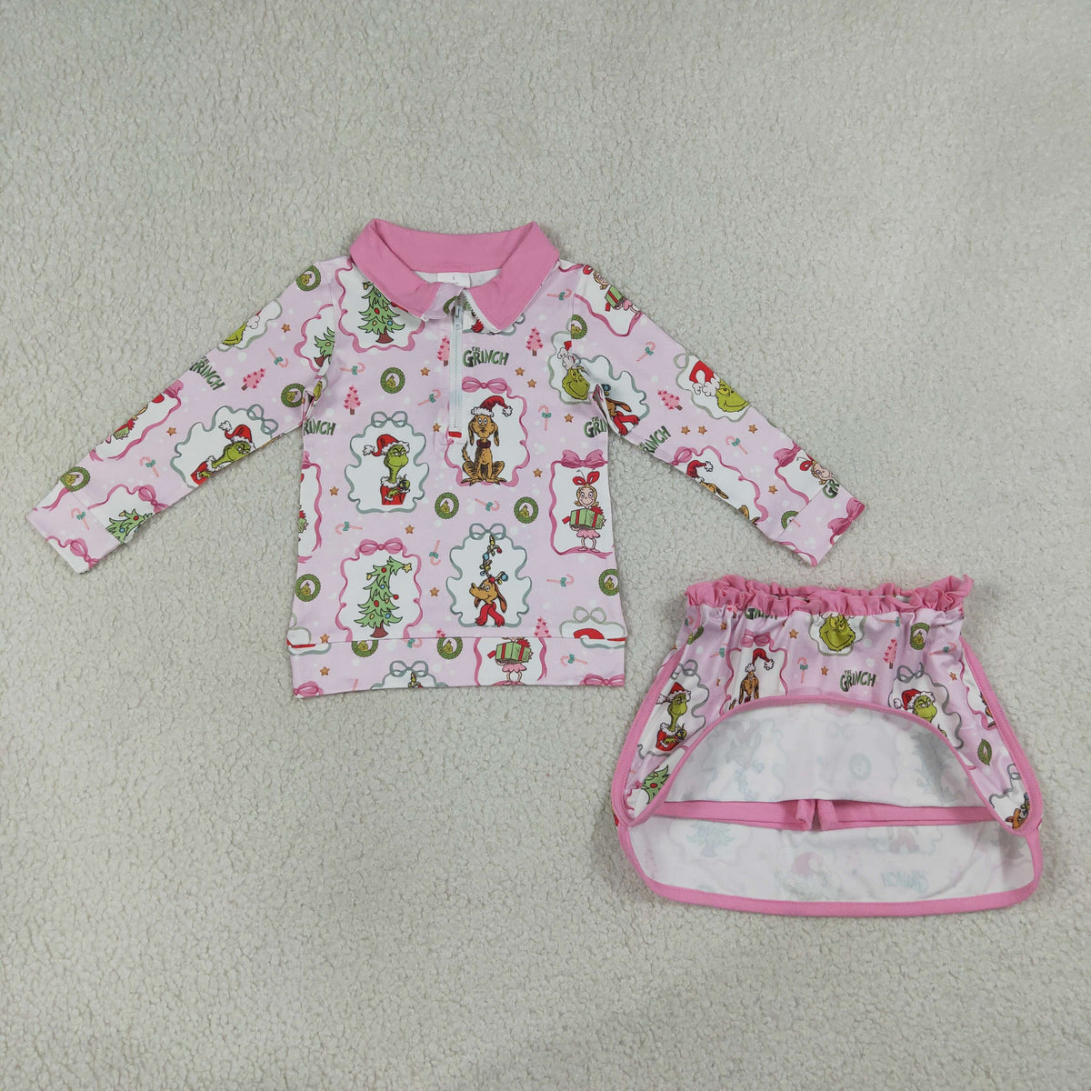 GLD1609 Baby Girls Trees Green Faces Zip Pullovers Skirt Short Christmas Clothes Set
