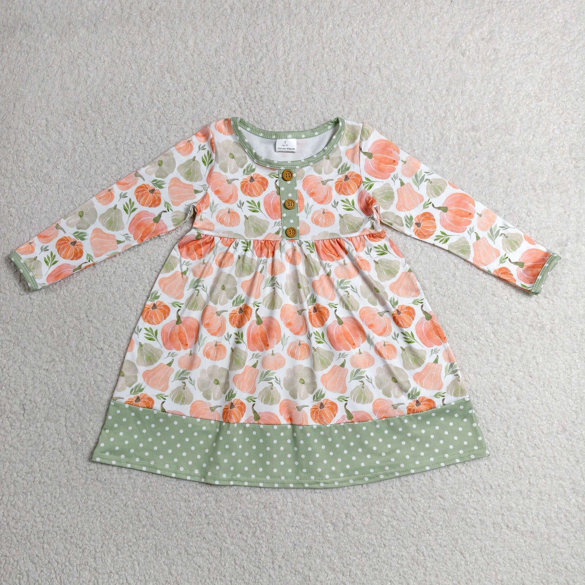 GLD1626 Baby Girls Green Polka Dots Pumpkins Button Ruffle Fall Knee Length Dress