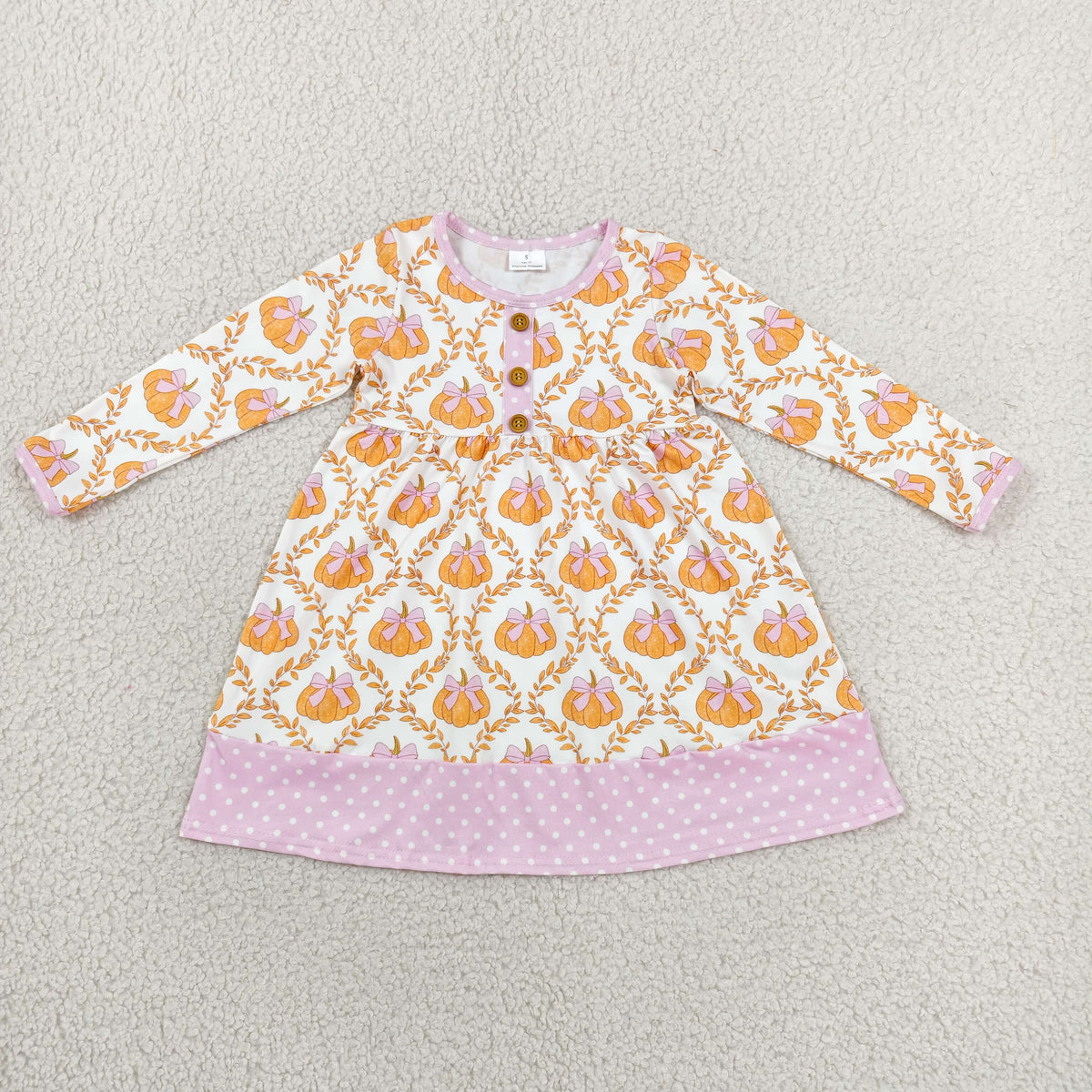 GLD1627 Baby Girls Pink Polka Dots Bows Pumpkins Button Ruffle Fall Knee Length Dress