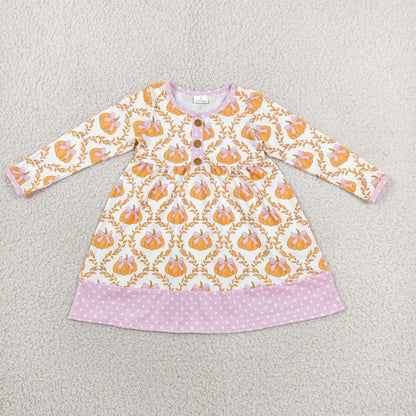 Sibling Baby Girls Bows Pumpkins Bats Flowers Halloween Fall Button Knee Length Dresses