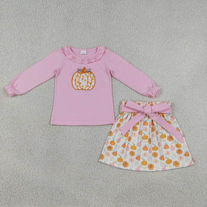 Sibling Baby Girls Embroidery Flower Pumpkins Top Bows Skirt Fall Clothes Set Scallop Tops