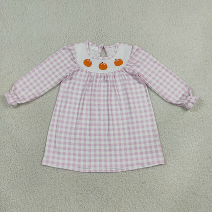 Sibling Smocked Bows Pumpkins Pink Checked Fall Knee Length Dress Ruffle Rompers