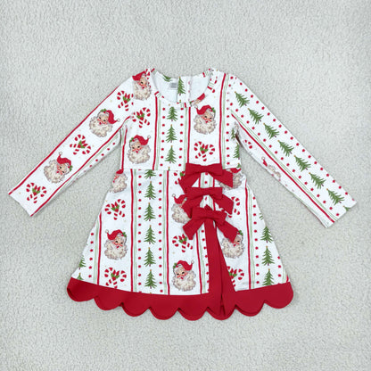 GLD1650 Baby Girls Santa Trees Stripe Long Sleeve Yoga Active Short Christmas Bows Scallop Dress