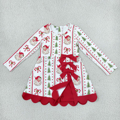 GLD1650 Baby Girls Santa Trees Stripe Long Sleeve Yoga Active Short Christmas Bows Scallop Dress