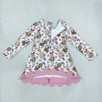 GLD1656 Baby Girls Dogs Frogs Long Sleeve Yoga Active Short Christmas Bows Scallop Dress