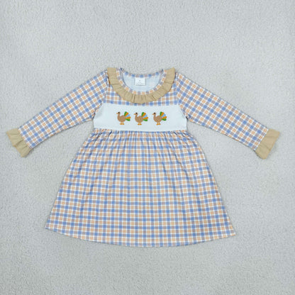 Sibling Baby Girls Embroidery Turkey Blue Checked Thanksgivings Knee Length Dress Rompers