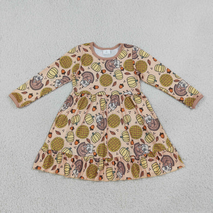 Sibling Baby Girls Red Green Bows Turkey Pumpkins Ruffle Knee Length Dresses