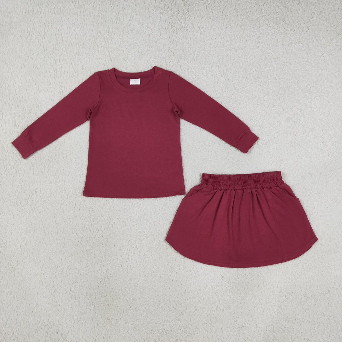 GLD1697 Baby Girls Maroon Long Sleeve Shirt Top Pockets Skirt Short Cotton Clothes Sets