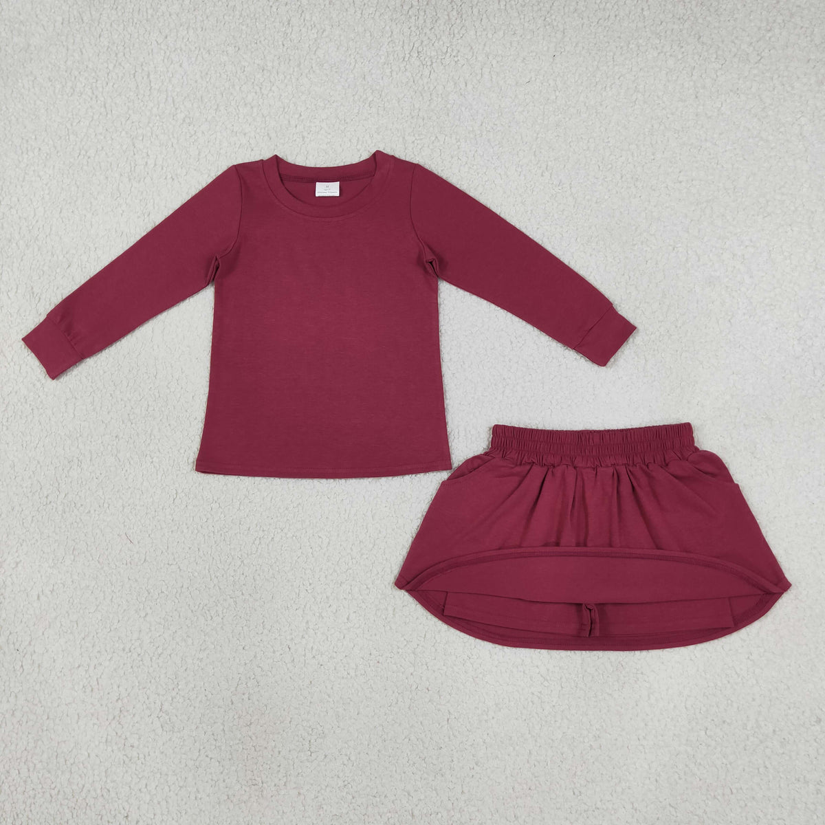 GLD1697 Baby Girls Maroon Long Sleeve Shirt Top Pockets Skirt Short Cotton Clothes Sets
