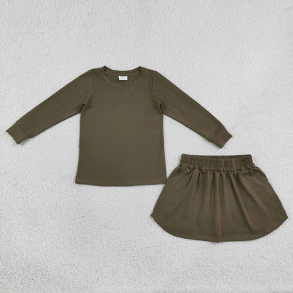 GLD1698 Baby Girls Olive Long Sleeve Shirt Top Pockets Skirt Short Cotton Clothes Sets
