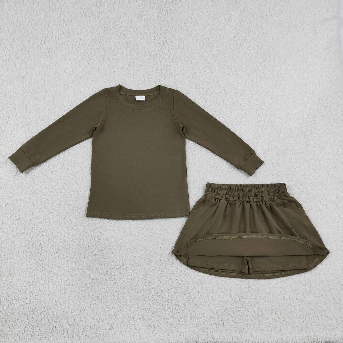 GLD1698 Baby Girls Olive Long Sleeve Shirt Top Pockets Skirt Short Cotton Clothes Sets