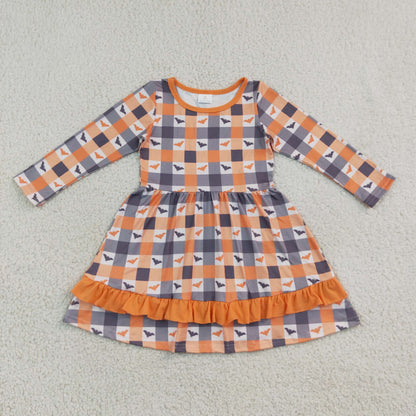 Sibling Baby Girls Bows Pumpkins Bats Flowers Halloween Fall Button Knee Length Dresses