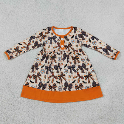 Sibling Baby Girls Bows Pumpkins Bats Flowers Halloween Fall Button Knee Length Dresses