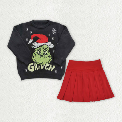 Sibling Baby Girls Christmas Frog Woolen Sweaters Top Yoga Active Pleated Skirt Short Clothes Set