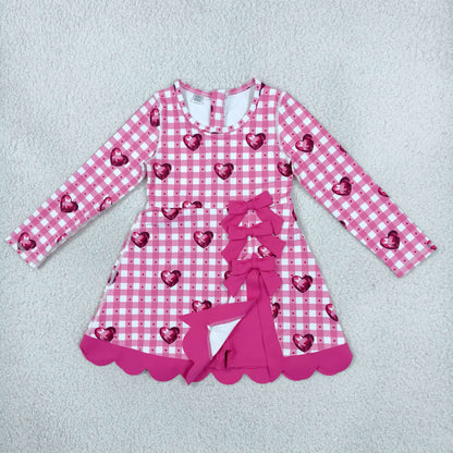 GLD1750 Baby Girls Pink Checked Hearts Long Sleeve Yoga Active Short Valentines Bows Scallop Dress