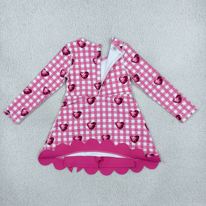 GLD1750 Baby Girls Pink Checked Hearts Long Sleeve Yoga Active Short Valentines Bows Scallop Dress