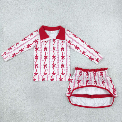 GLD1751 Baby Girls Long Sleeve Bows Hearts Stripe Zip Pullover Skirt Short Valentines Set