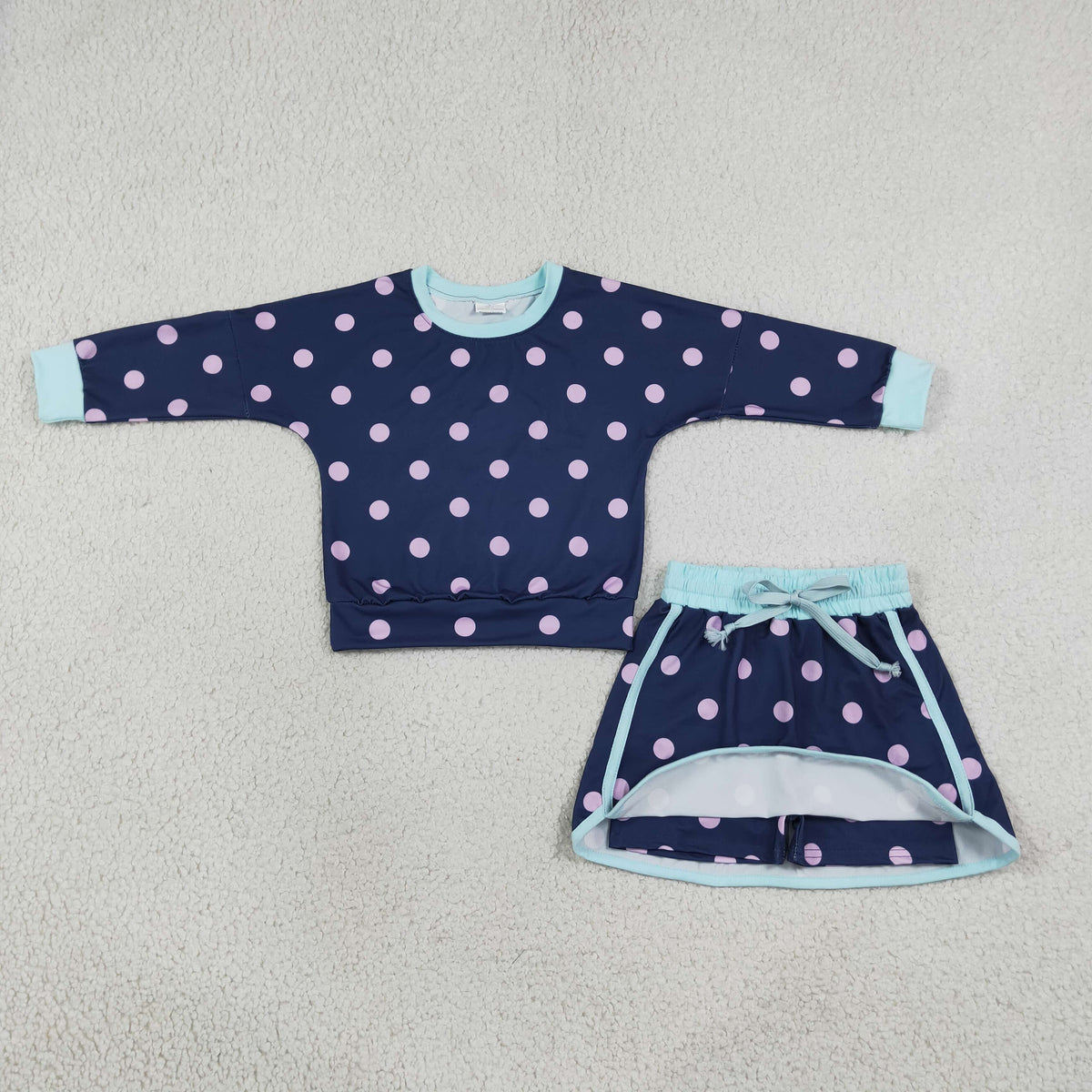 GLD1762 Baby Girls Long Sleeve Navy Pink Polka Dots Top Skirt Short Clothes Set