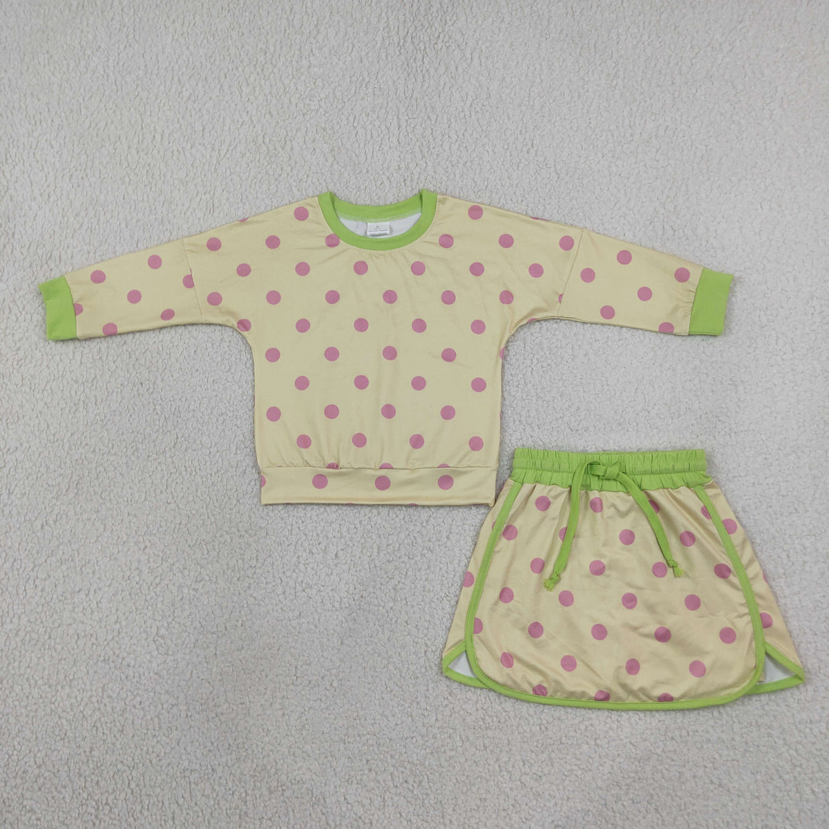 GLD1766 Baby Girls Long Sleeve Green Pink Polka Dots Top Skirt Short Clothes Set