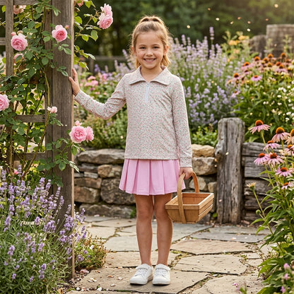 GLD1814 Baby Girls Pink Small Flowers Zip Pullover Yoga Active Skirt Shorts Clothes Sets