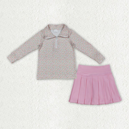 GLD1814 Baby Girls Pink Small Flowers Zip Pullover Yoga Active Skirt Shorts Clothes Sets