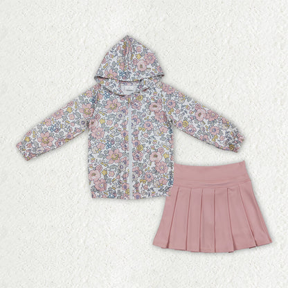 GLD1815 Baby Girls Pink Flowers Zip Pockets Hoodie Jackets Yoga Active Skirt Shorts Clothes Sets