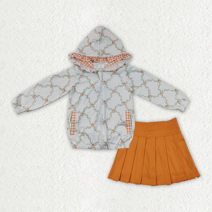 GLD1816 Baby Girls Flowers Pumpkins Zip Pockets Ruffle Hoodie Jackets Yoga Active Skirt Shorts Fall Sets