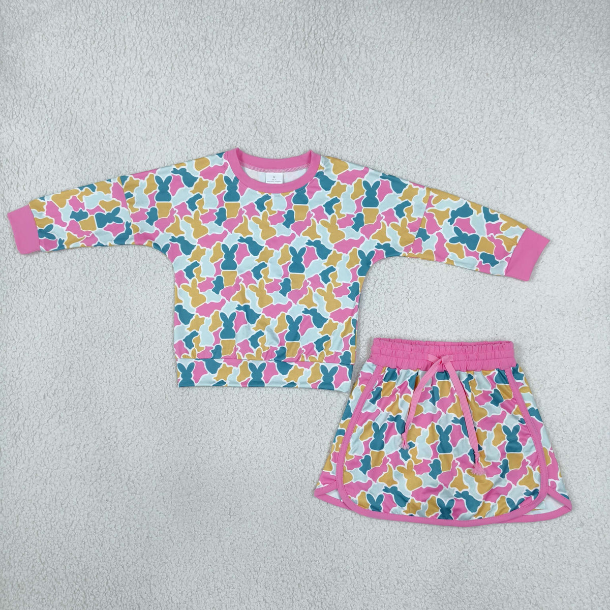 Sibling Baby Girls Pink Blue Rabbits Camo Long Sleeve Skorts Easter Clothes Set Hoodies Top