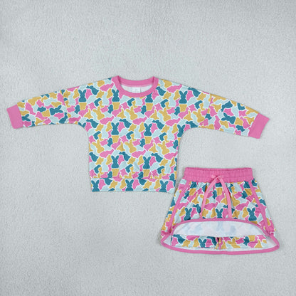 Sibling Baby Girls Pink Blue Rabbits Camo Long Sleeve Skorts Easter Clothes Set Hoodies Top
