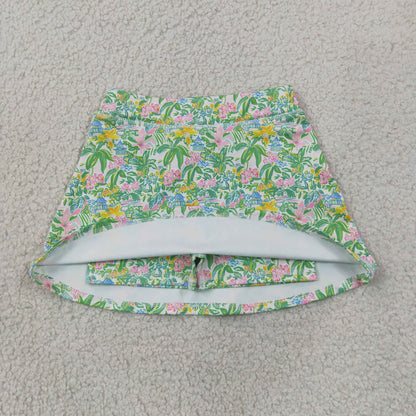 GLK0311 Baby Girls Green Pink Plants Beach Yoga Active Skirt Shorts Bottom