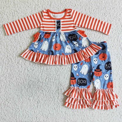 Sibling Baby Girls Ghost Pumpkins Bats Button Pockets Tunic Ruffle Pants Halloween Clothes Sets