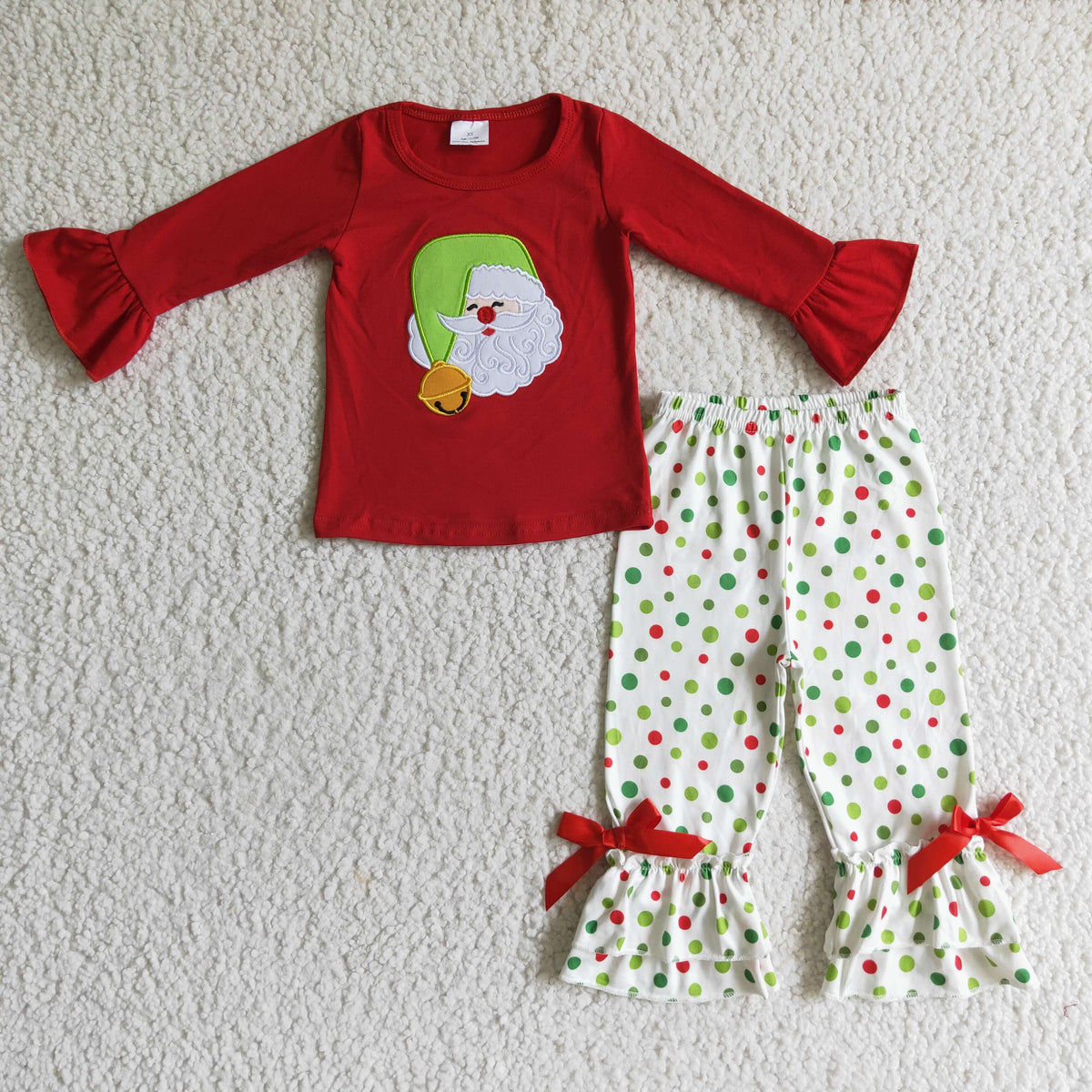 Embroidery Santa Sibling Baby Girls Tunic Top Pants Christmas Pajamas Clothes Sets