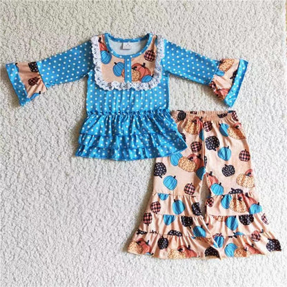 Sibling Baby Girls Flowers Pumpkins Button Pockets Tunic Ruffle Pants Fall Clothes Sets