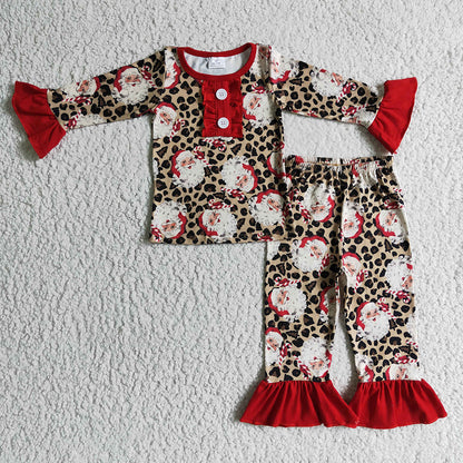 Sibling Baby Boys Girls Santa Leopard Top Pant Christmas Pajamas Sets