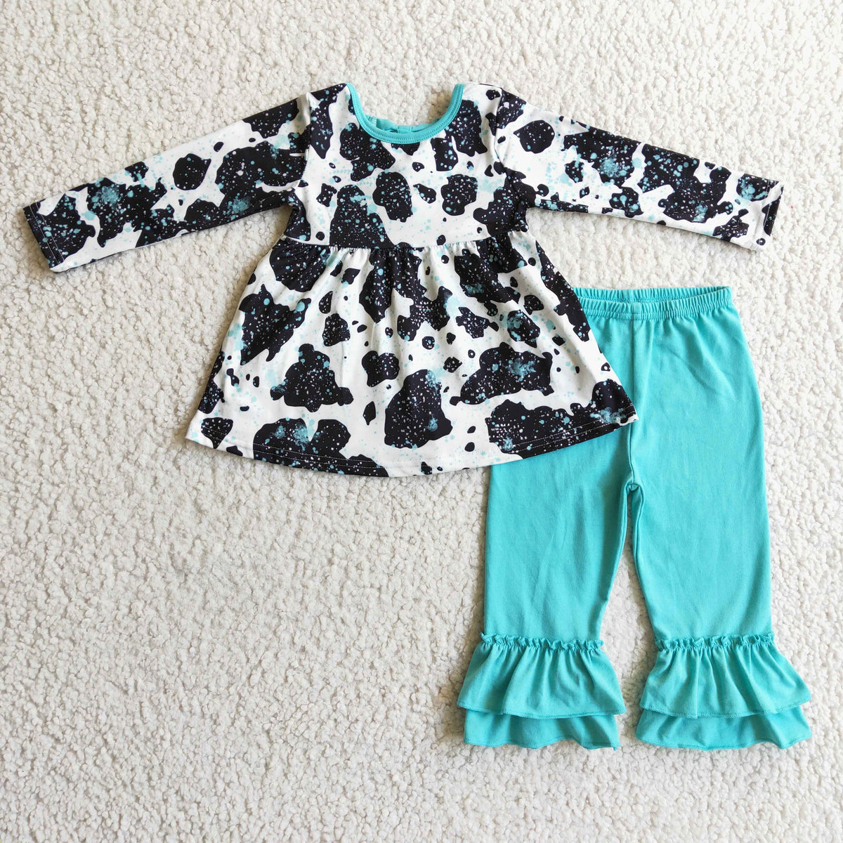 Sibling Baby Girls Cow Turquoises Ruffle Pants Western Clothes Sets Knee Length Dress Rompers