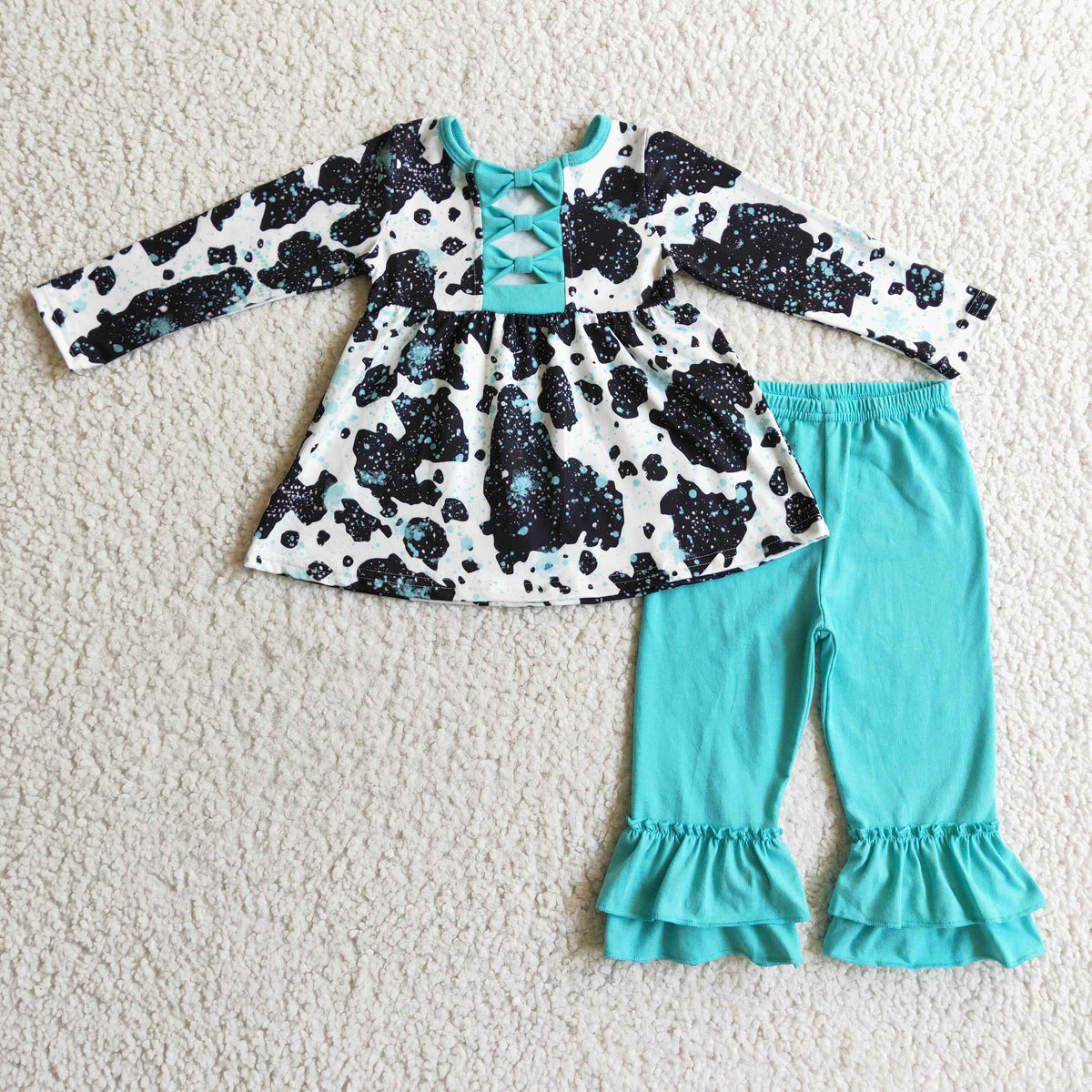 Sibling Baby Girls Cow Turquoises Ruffle Pants Western Clothes Sets Knee Length Dress Rompers