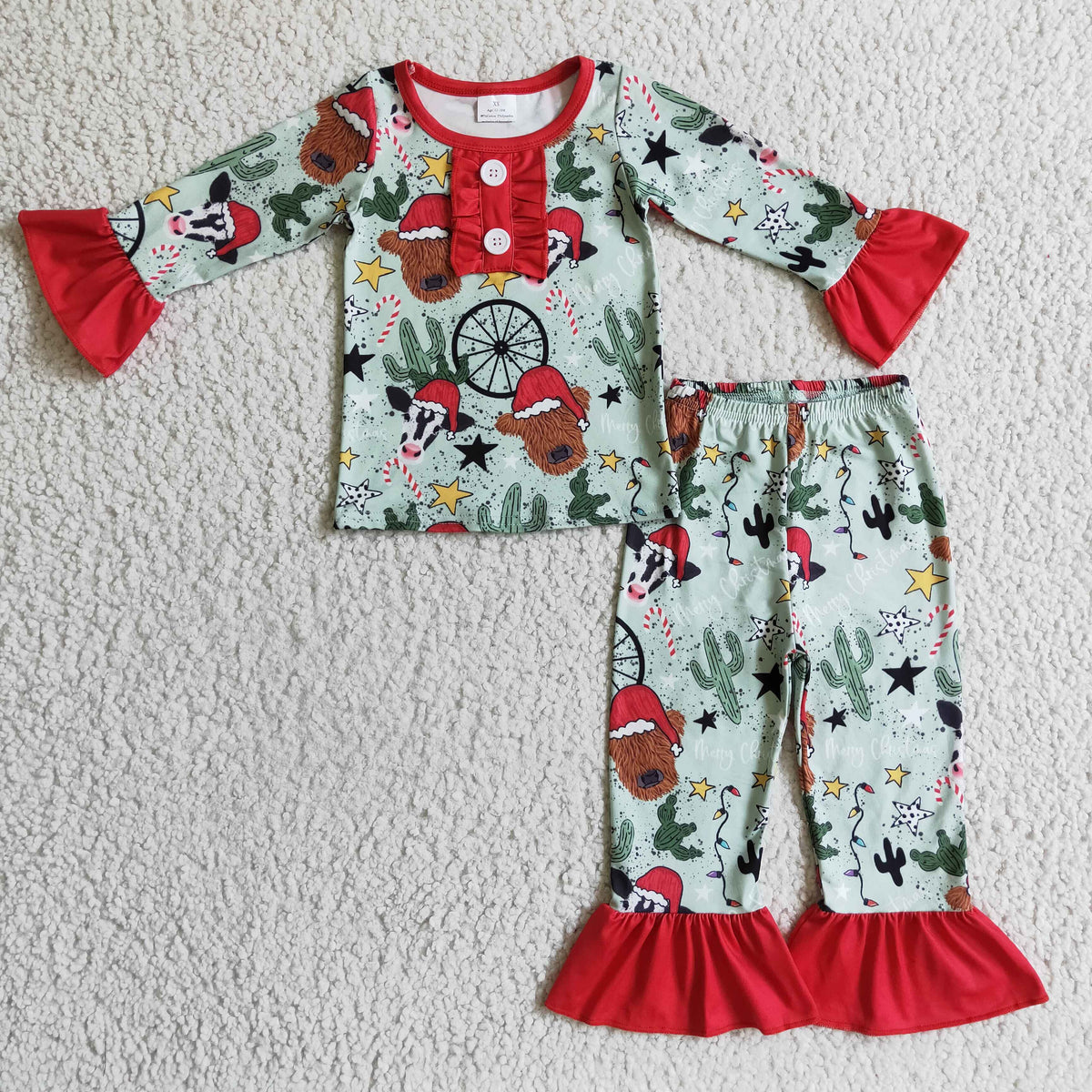 Sibling Baby Boys Girls Christmas Hats Cows Cactus Button Top Pant Pajamas Sets
