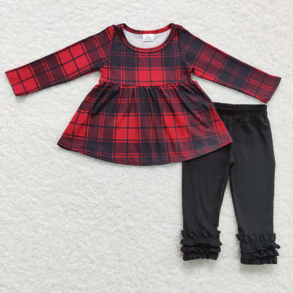 Sibling Baby Girls Long Ruffle Sleeves Santa Trees Lights Tunic Pants Christmas Clothes Sets