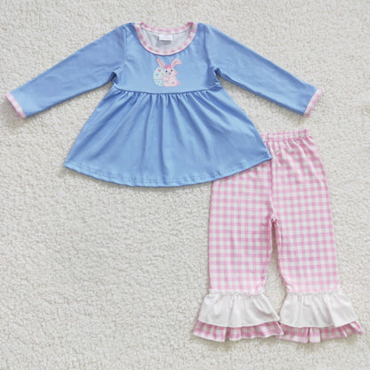 Sibling Baby Kids Embroidery Rabbits Eggs Jesus Top Pants Easter Clothes Set