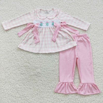 Sibling Baby Kids Embroidery Trees Checked Top Pants Christmas Clothes Sets Rompers