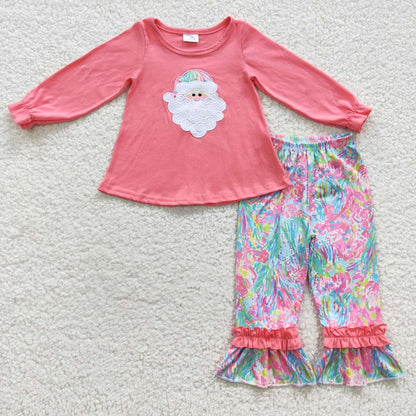 Embroidery Santa Sibling Baby Girls Tunic Top Pants Christmas Pajamas Clothes Sets
