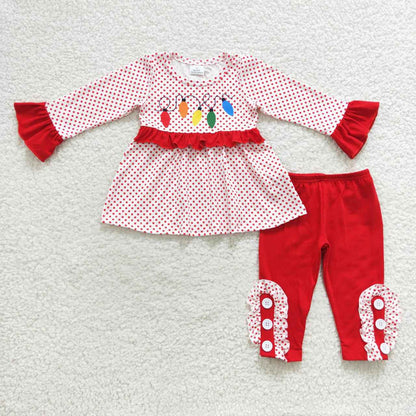 Sibling Baby Girls Long Ruffle Sleeves Santa Trees Lights Tunic Pants Christmas Clothes Sets