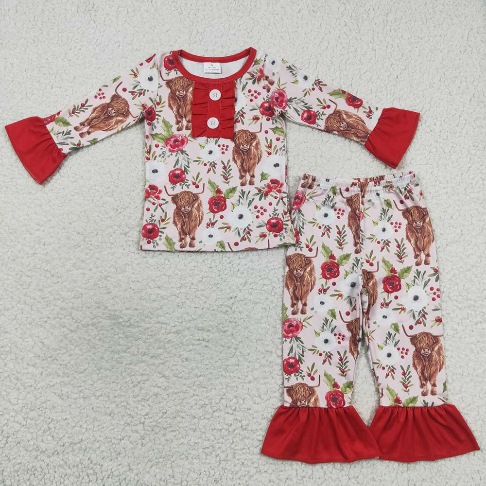 Sibling Baby Girls Flowers Highland Cows Ruffle Pant Western Pajamas Set Knee Length Dress
